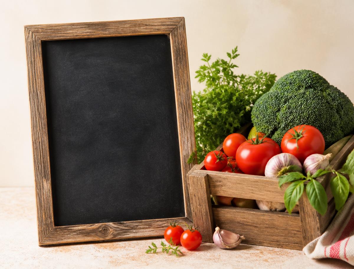 Ardoise de marché posée près d'un cageot de légumes frais