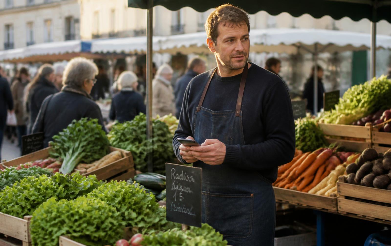 Commerçant de marché consultant MarchéFlow sur son téléphone derrière son étal